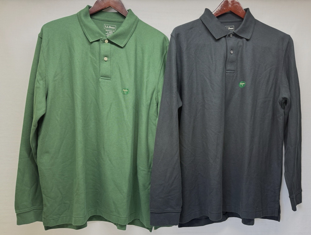 L.L.BEAN (2) Premium Double L Long Sleeve Polo Shirts Mens Large Reg Blk / Green